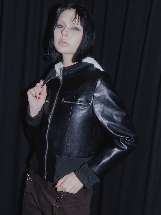 FAUX LEATHER JACKET&FAUX FUR STOLE SET【BLACK】