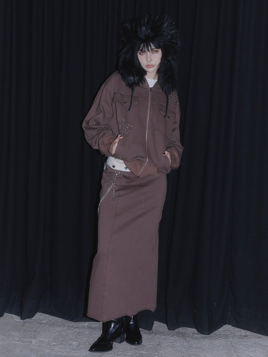 CUT OFF ZIP UP HOODIE【BROWN】