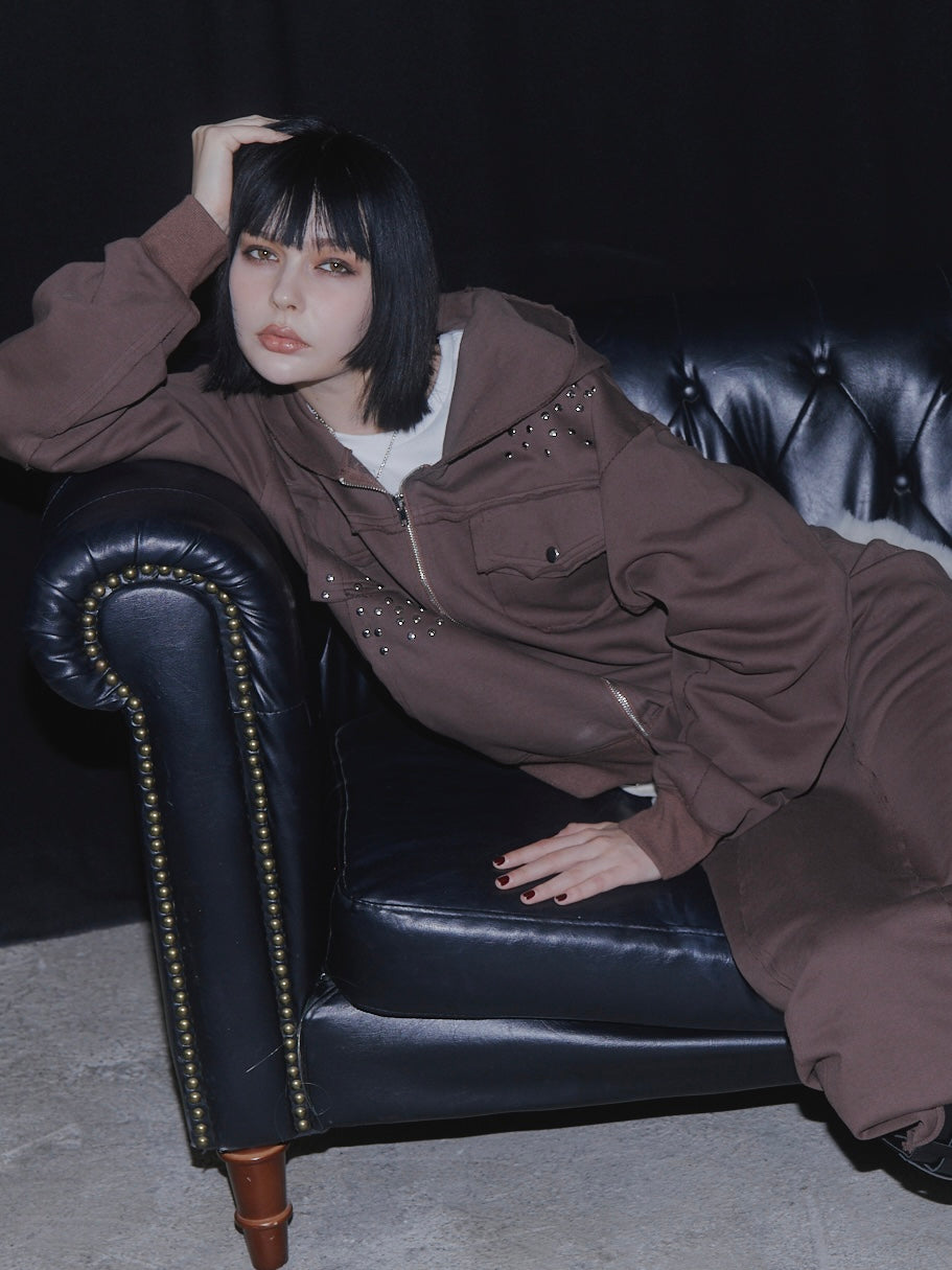 CUT OFF ZIP UP HOODIE【BROWN】