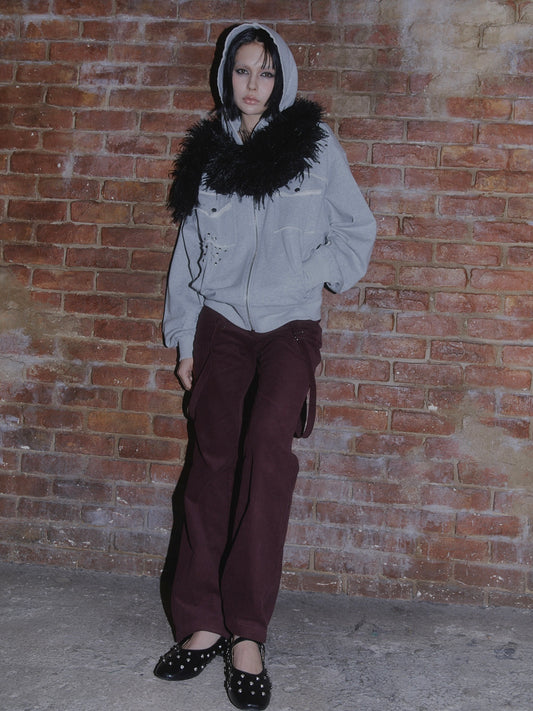 CUT OFF ZIP UP HOODIE【GREY】