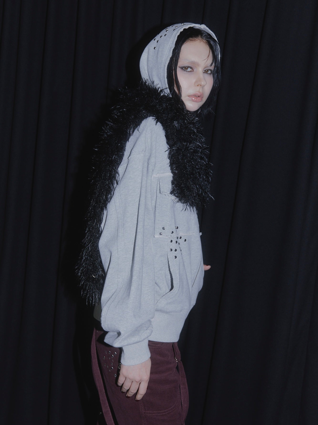 CUT OFF ZIP UP HOODIE【GREY】