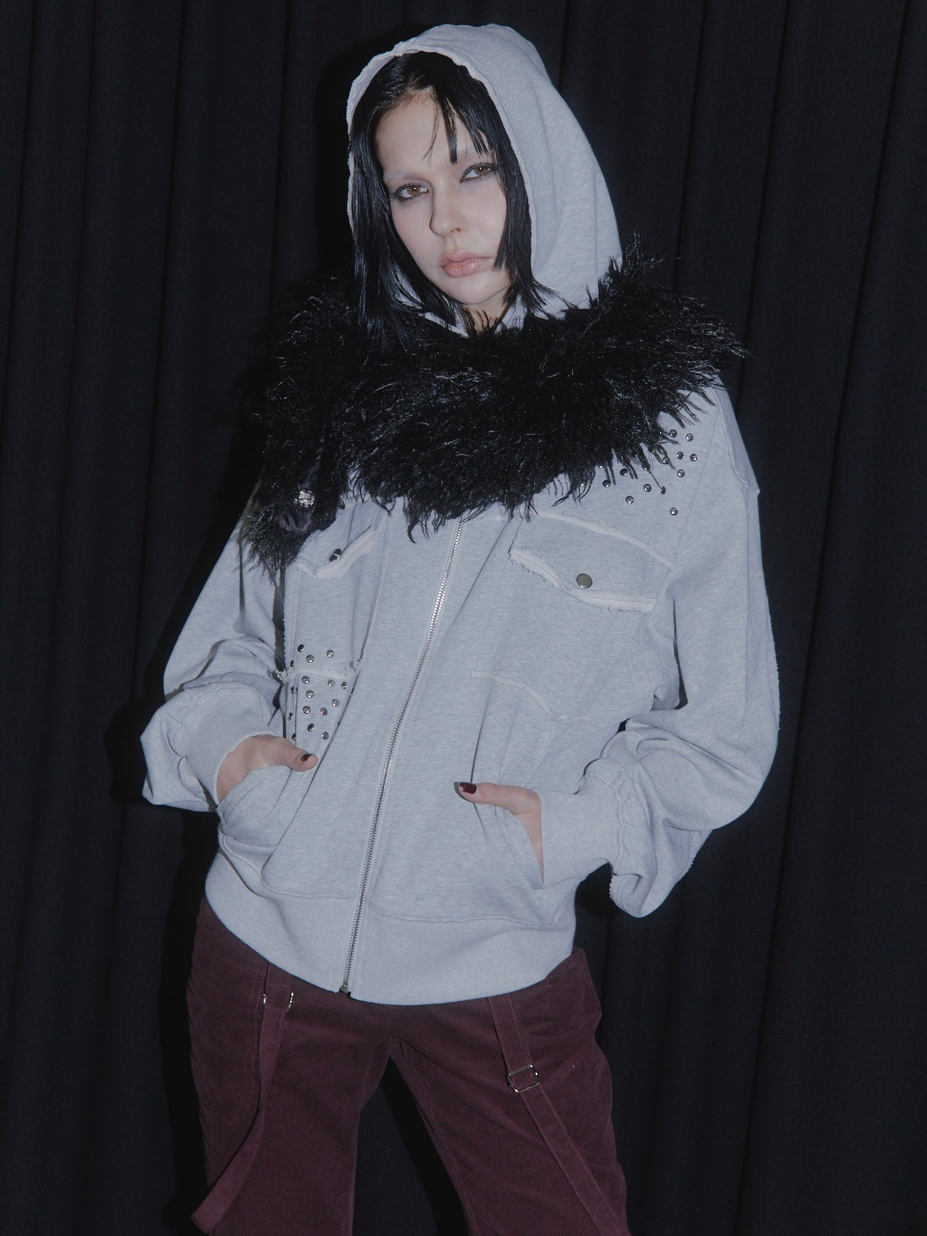 CUT OFF ZIP UP HOODIE【GREY】