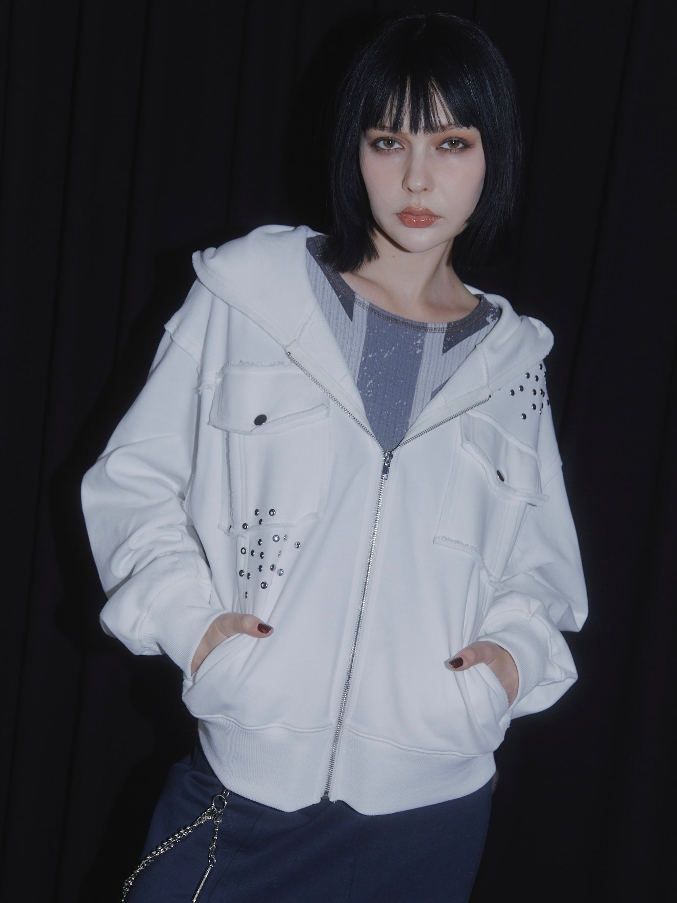 CUT OFF ZIP UP HOODIE【WHITE】
