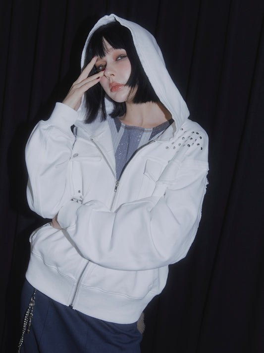 CUT OFF ZIP UP HOODIE【WHITE】