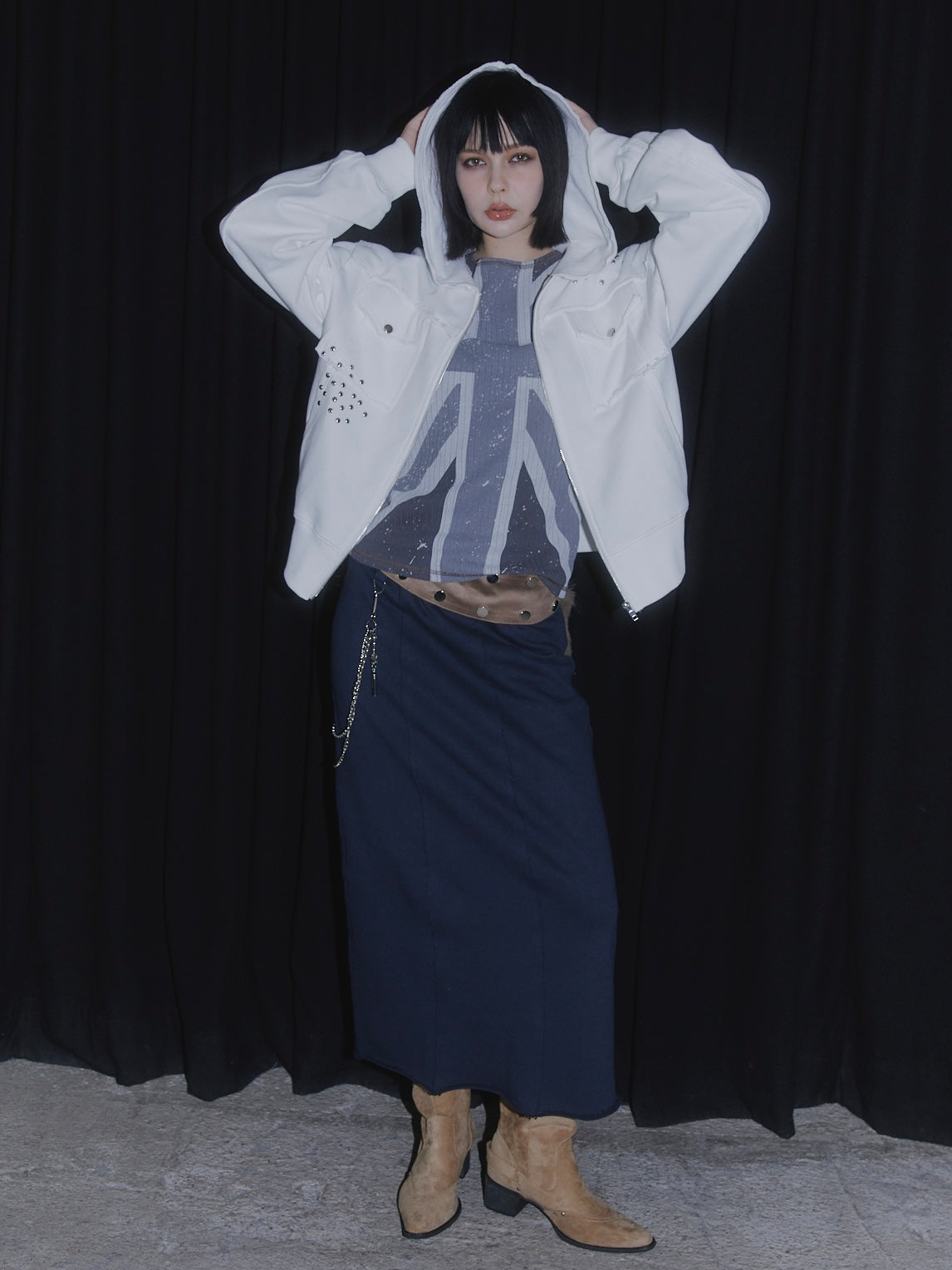 CUT OFF ZIP UP HOODIE【WHITE】