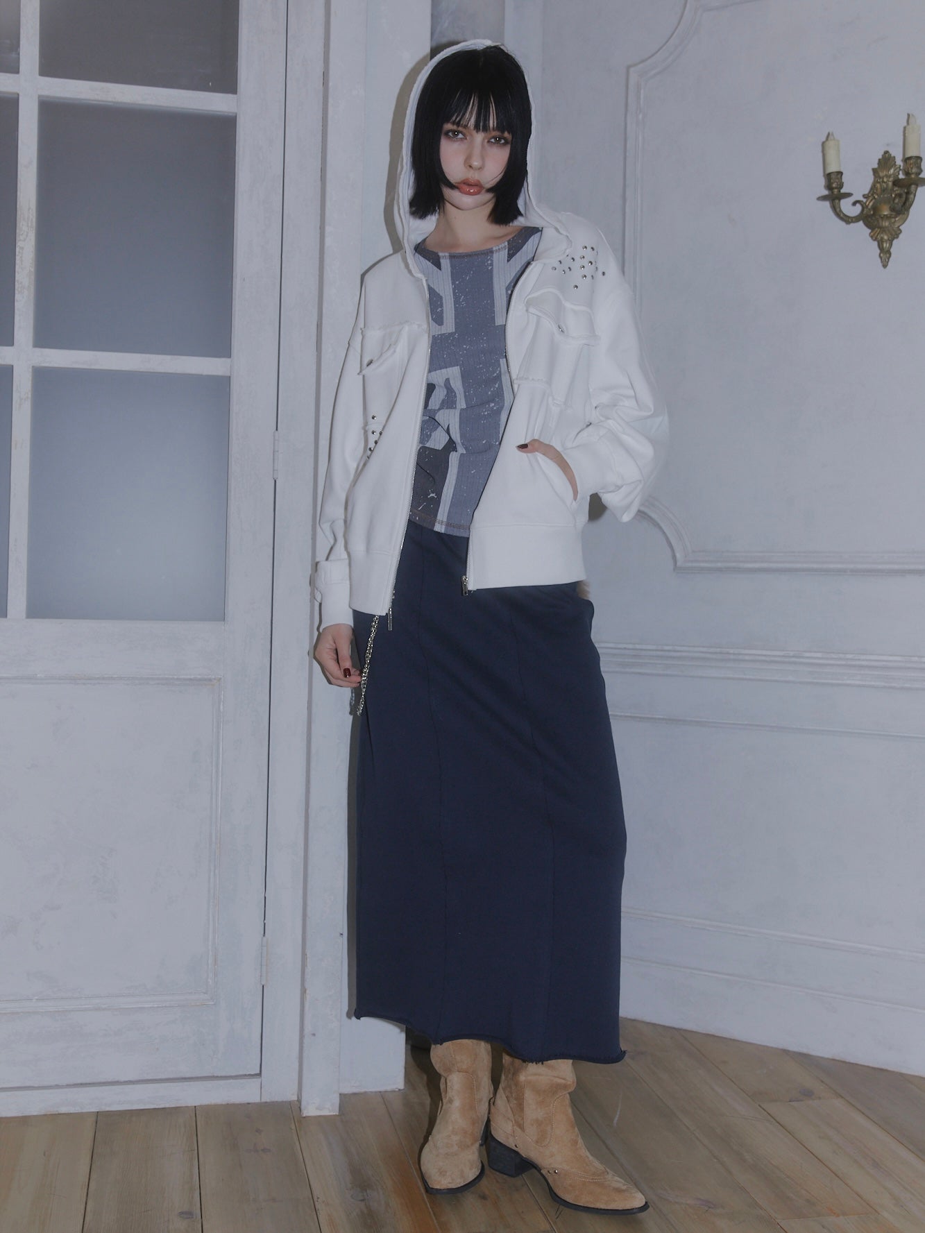 CUT OFF ZIP UP HOODIE【WHITE】