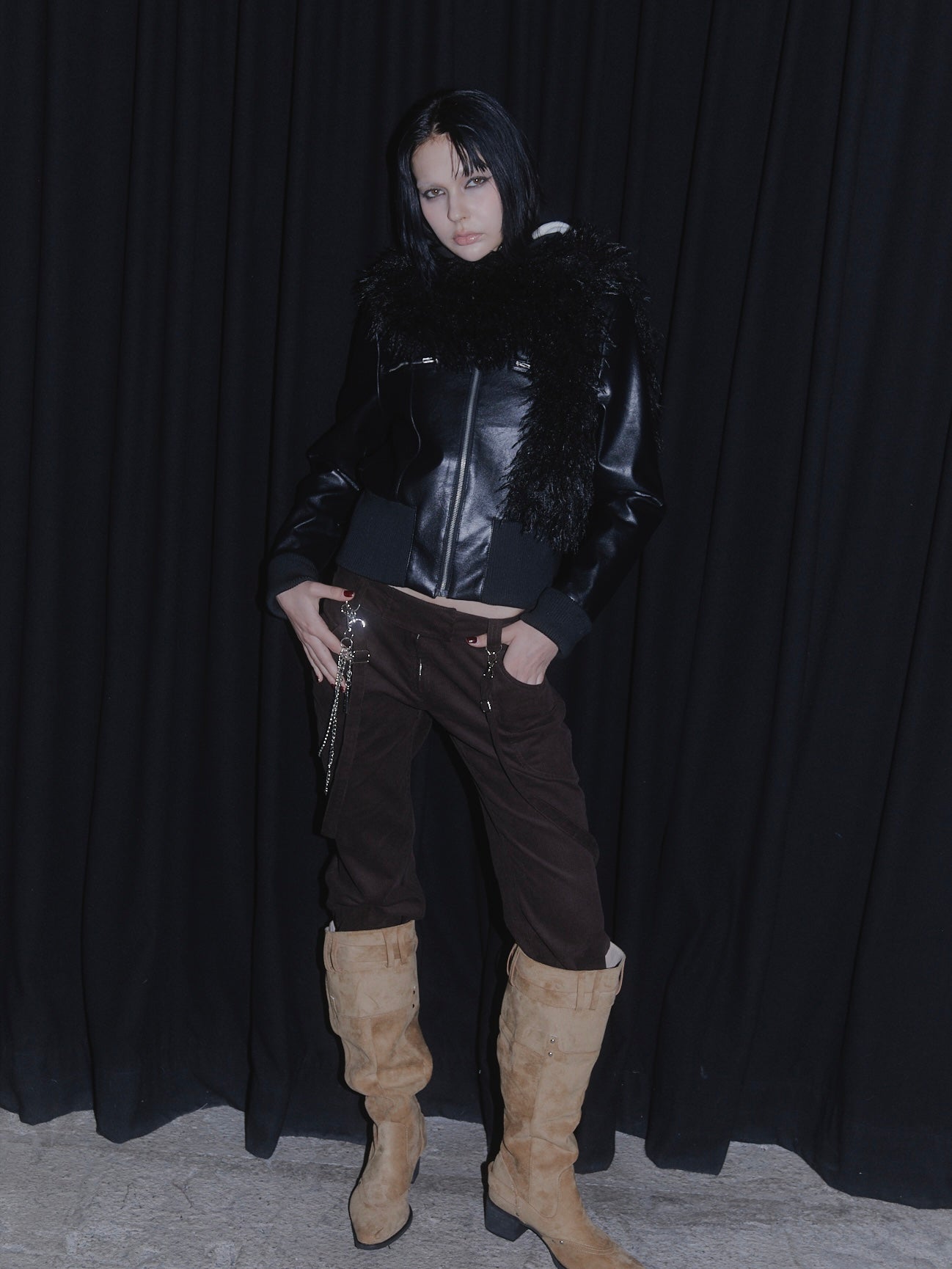 FAUX LEATHER  JACKET&FAUX FUR STOLE SET【BLACK】