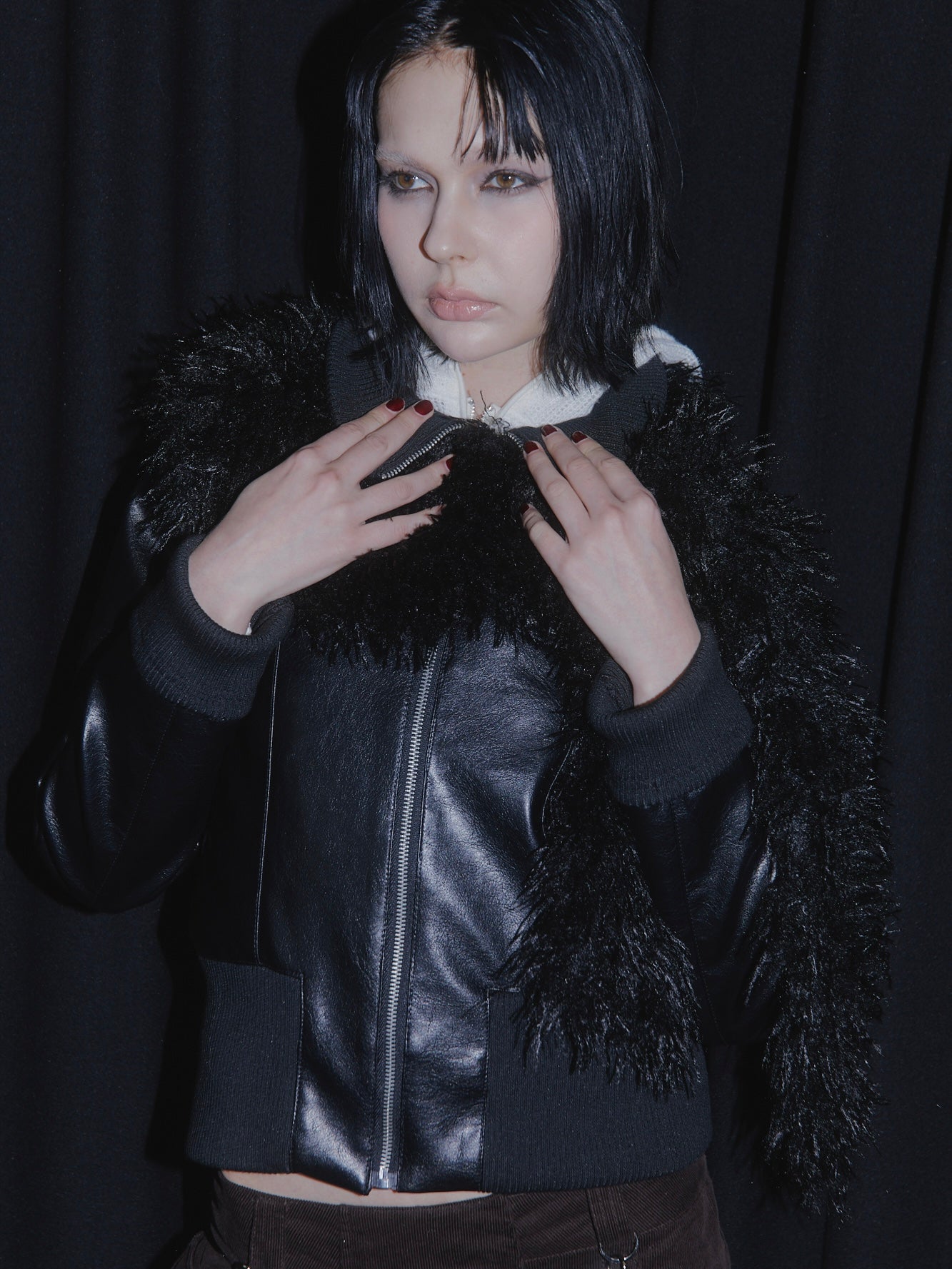 FAUX LEATHER  JACKET&FAUX FUR STOLE SET【BLACK】