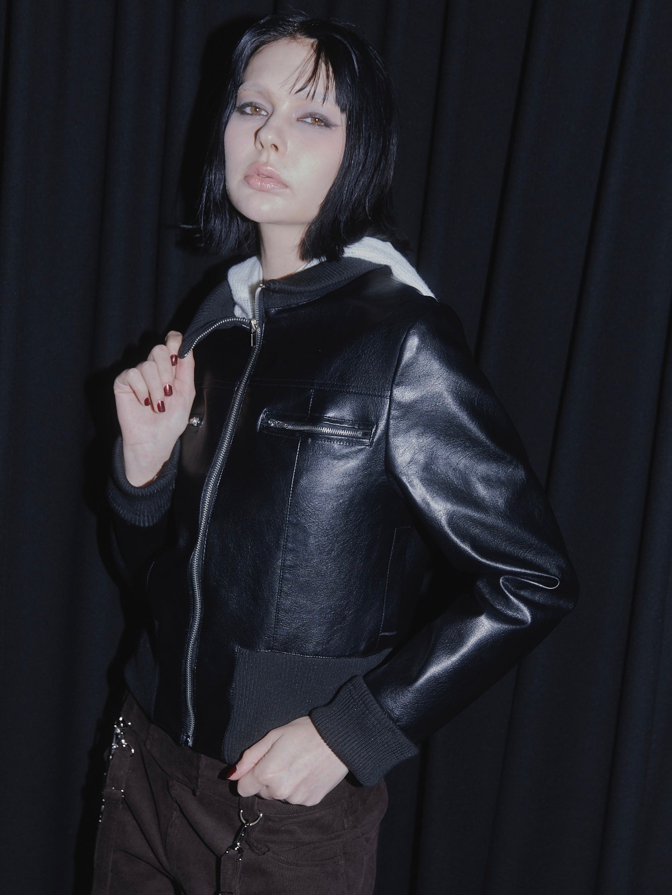 FAUX LEATHER  JACKET&FAUX FUR STOLE SET【BLACK】