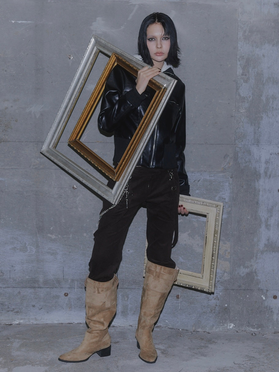 FAUX LEATHER  JACKET&FAUX FUR STOLE SET【BLACK】