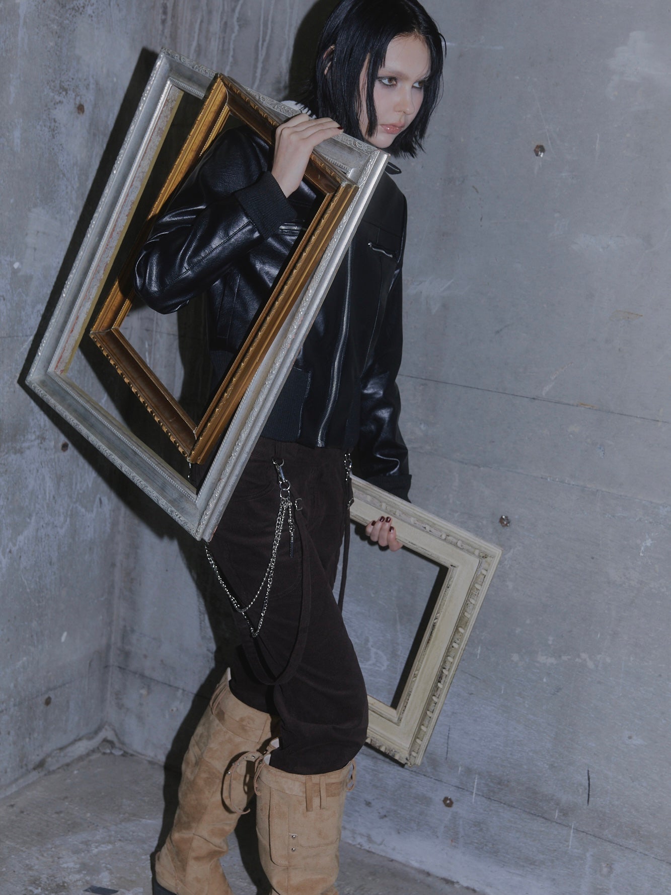 FAUX LEATHER  JACKET&FAUX FUR STOLE SET【BLACK】
