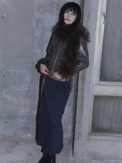 FAUX LEATHER  JACKET&FAUX FUR STOLE SET【BROWN】