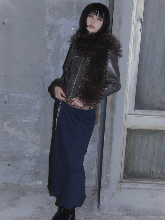 FAUX LEATHER  JACKET&FAUX FUR STOLE SET【BROWN】