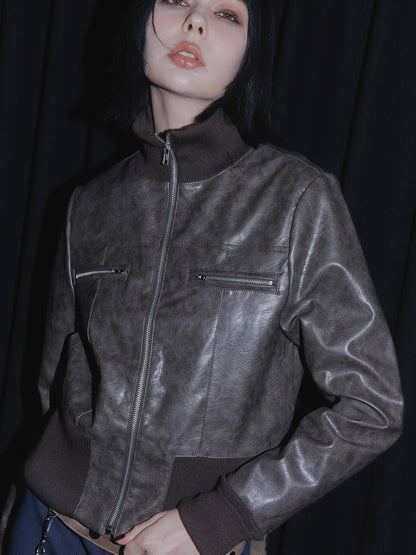 FAUX LEATHER  JACKET&FAUX FUR STOLE SET【BROWN】