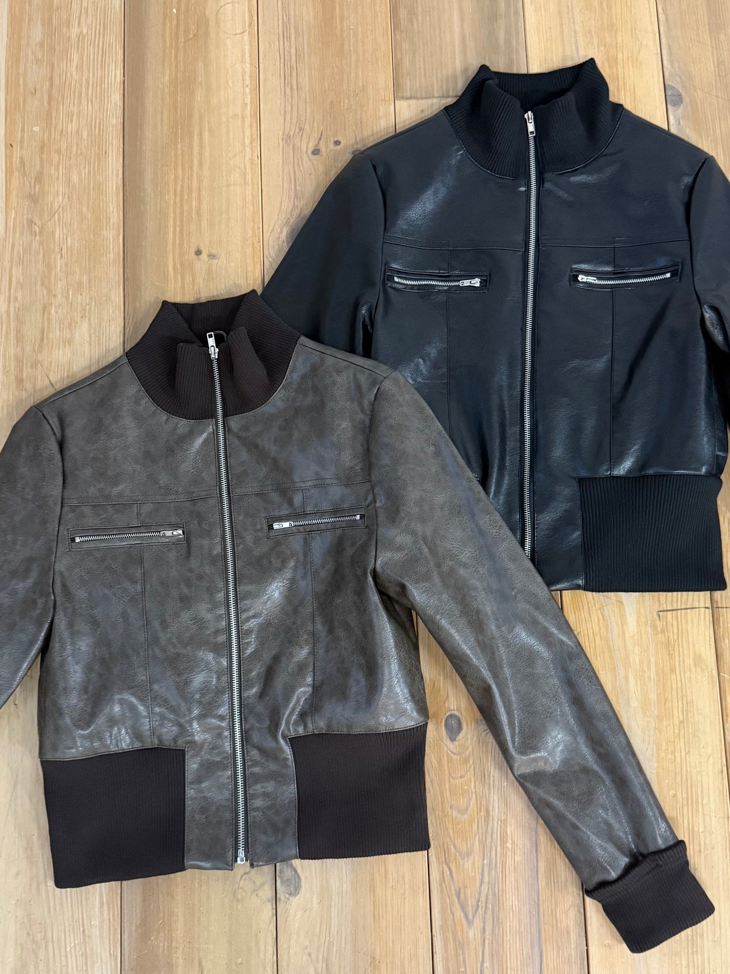 FAUX LEATHER  JACKET&FAUX FUR STOLE SET【BROWN】