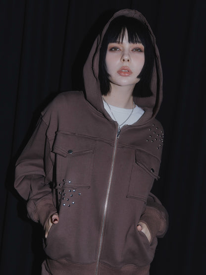CUT OFF ZIP UP HOODIE【BROWN】
