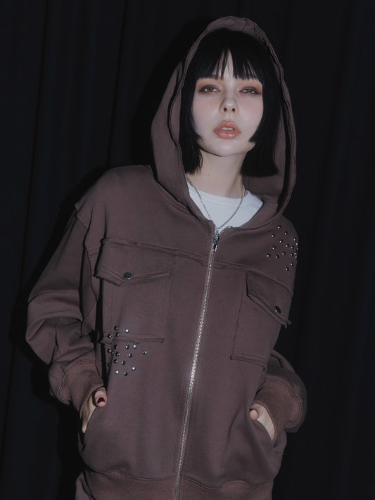 CUT OFF ZIP UP HOODIE【BROWN】