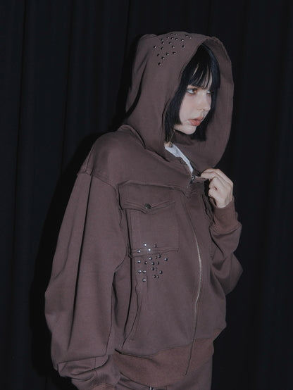 CUT OFF ZIP UP HOODIE【BROWN】