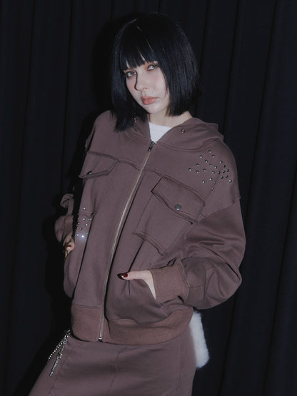 CUT OFF ZIP UP HOODIE【BROWN】