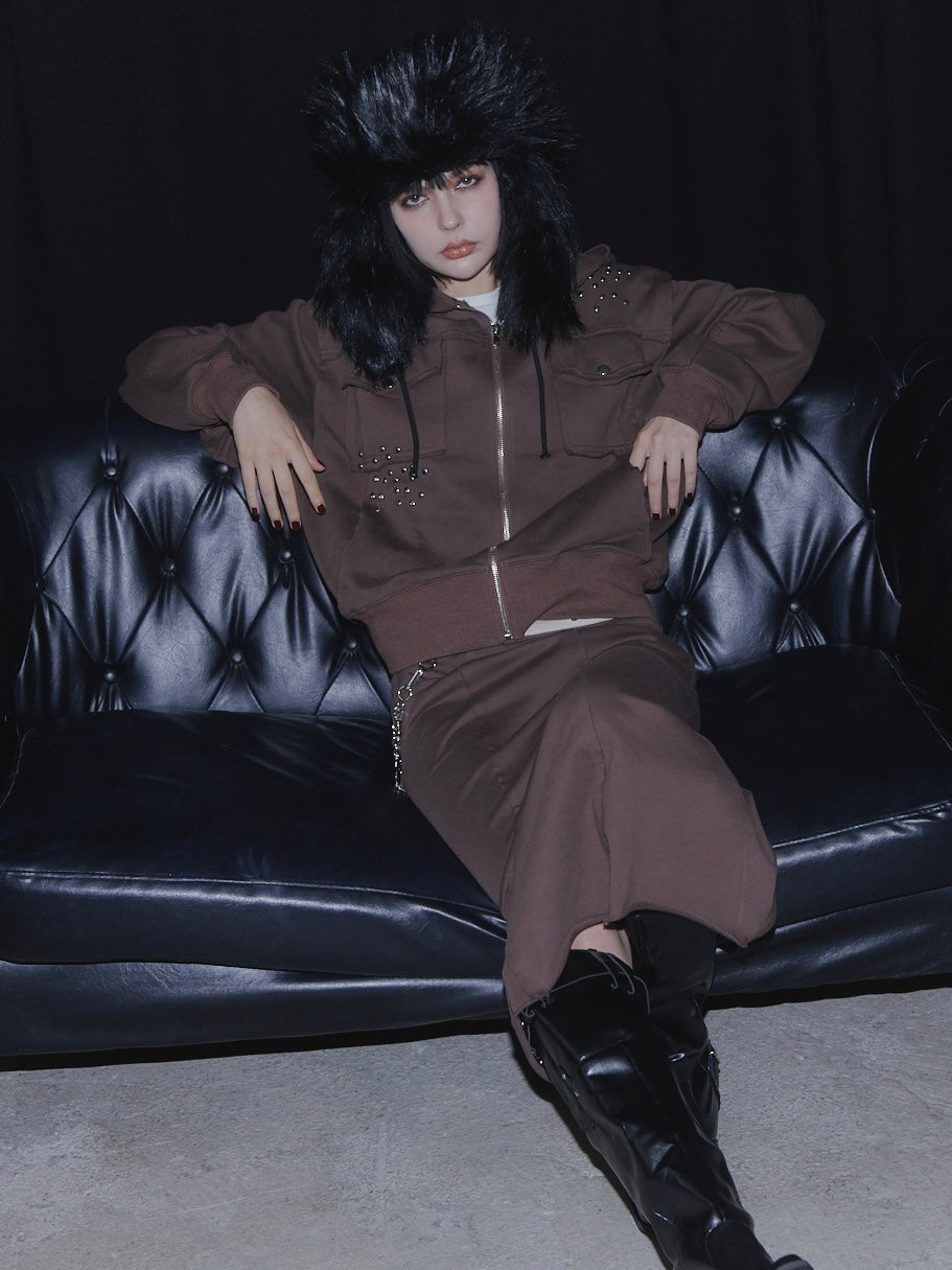 CUT OFF ZIP UP HOODIE【BROWN】