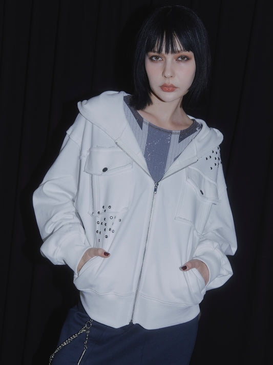 CUT OFF ZIP UP HOODIE【WHITE】