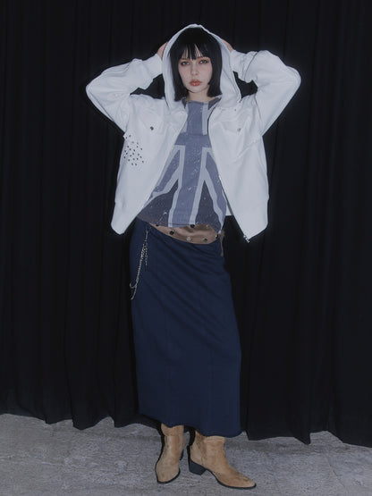 CUT OFF ZIP UP HOODIE【WHITE】